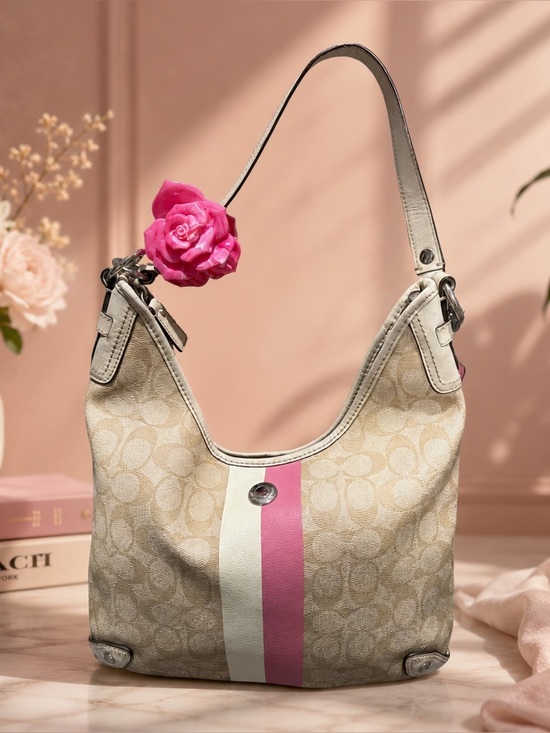 Handbags - coach stripe pink and ivory shoulder bag